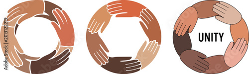 Foto Diverse hands forming circle unity symbol with text