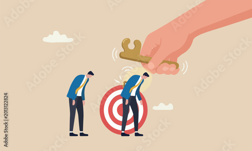 Tableau sur toile Exhausted employee, red big bullseye target wind up to stimulate or motivate fat