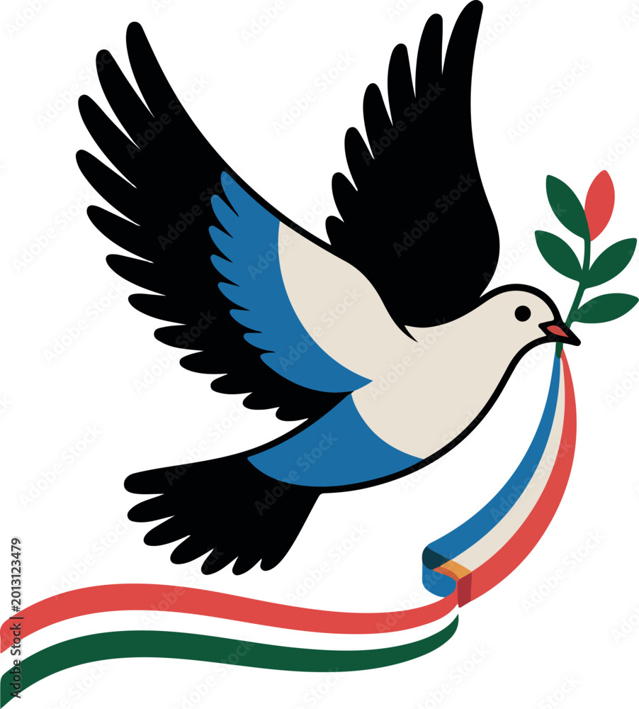 Obraz premium Dove flying with olive branch and tricolor ribbon bird