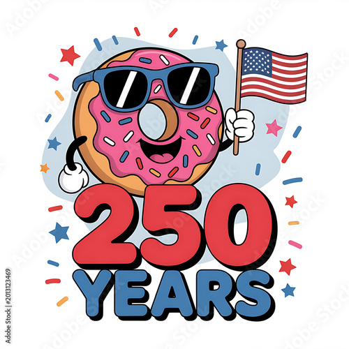 Whimsical cartoon donut character celebrating 250 years with an American flag, surrounded by stars and sprinkles, a joyful anniversary illustration