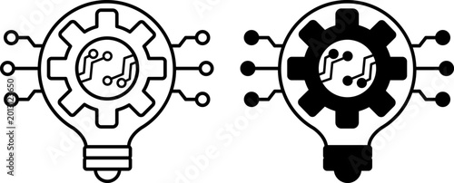 Innovation Icons. Line and Glyph Vector Icons. Gear in a Light Bulb. Implemented Innovation, Ensuring Qualitative Increase in Product Efficiency, Demanded by the Market. Concept Idea