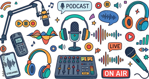 Billede på lærred Podcast and Audio Streaming Vector Collection Featuring Microphones, Headphones,