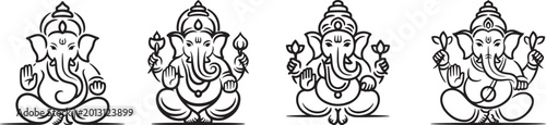 Four black line art ganesha figures in seated poses