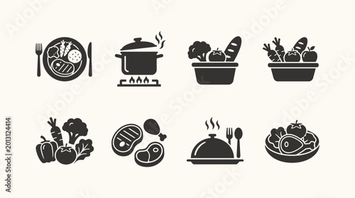 Healthy Food Icons Set Meal Preparation Cooking Fresh Ingredients and Delicious Dishes