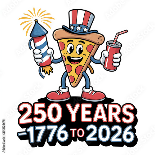 Happy 250 Years of America Celebration with a Cheerful Pizza Mascot and Fireworks