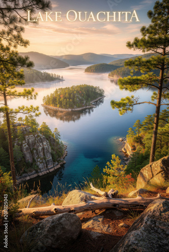 Beautiful panoramic view of Lake Ouachita Arkansas surrounded by lush green trees and rocky cliffs during a tranquil sunrise