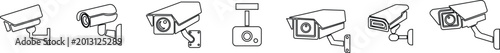 Security camera CCTV surveillance icon set collection group in black line style featuring monitor, cam, recorder, protection and safety synonym elements for technology, monitoring and design use