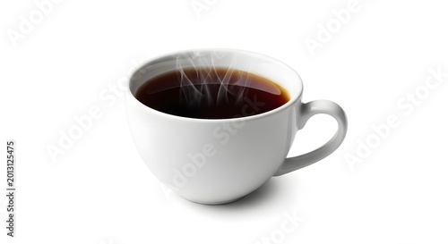 A steaming cup of coffee on a plain white background
