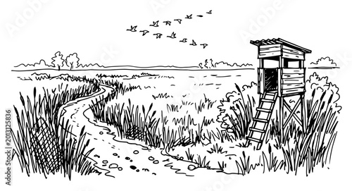 Fotografija Winding path through nature landscape leading to wooden lookout tower hand drawn