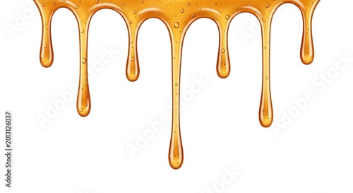 A close-up view of golden honey dripping down with bubbles on a white background