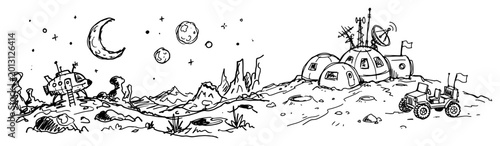 Foto Futuristic moon base with domes antennas and rover on lunar landscape hand drawn