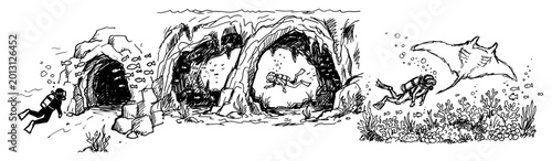 Foto Scuba divers exploring underwater caves and manta ray in the ocean hand drawn sk
