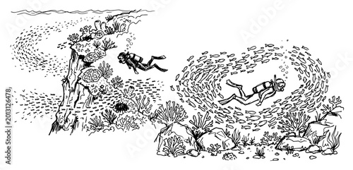 Fotografie Scuba divers swimming with large schools of fish near coral reef hand drawn line
