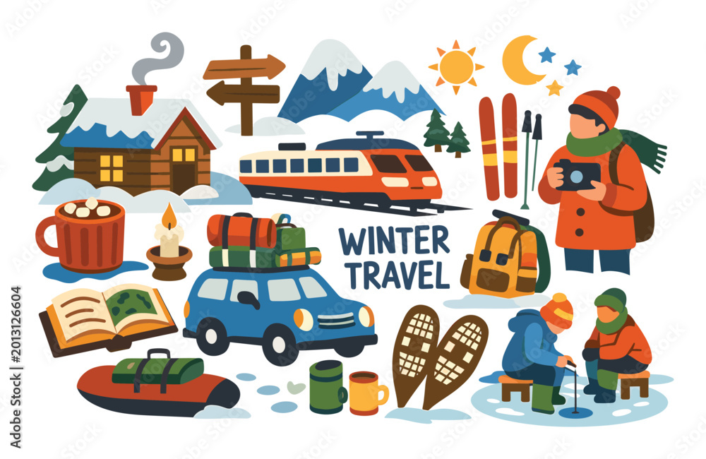 Naklejka premium Collection of winter-themed flat vector icons featuring characters, cabin, car, train, skis, snowshoes, and hot drinks