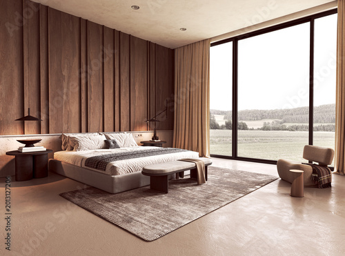 Bed and textured rug in a scandinavian wabi sabi bedroom interior with large windows