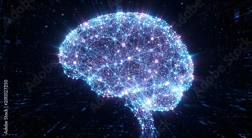 A glowing blue brain made of connections and lights in a dark space