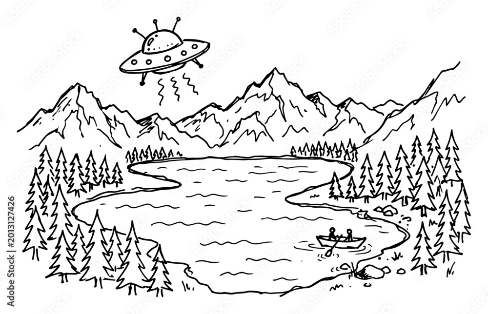 Fototapeta premium UFO hovering over mountain lake with pine forest and rowing boat hand drawn sketch style