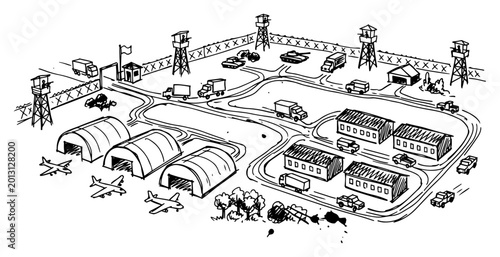 Fotografie Military airbase aerial view with hangars airplanes and trucks hand drawn sketch