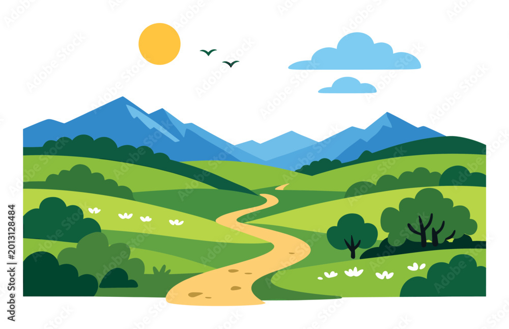 Obraz premium Countryside landscape with a winding road, sloping pastures, and distant peaks. Representing nature, journey, and freedom