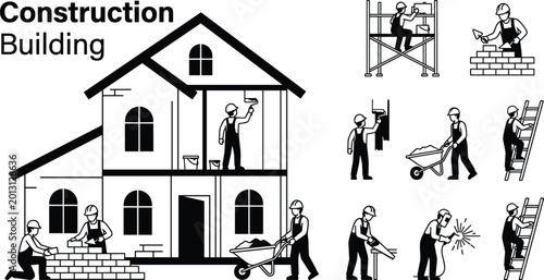 Canvastavla Set of Construction Workers in Various Poses Building a House, Including Brickla