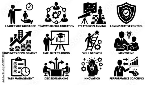Schilderij op canvas Modern dual color flat business management icons set for teamwork strategy and d