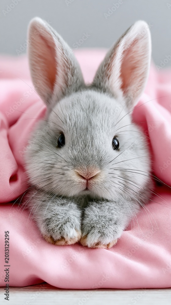 Fototapeta premium Gray baby rabbit resting on pink satin fabric closeup