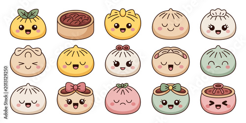 Foto Cute cartoon baozi, steamed buns, dumplings, Asian food icons, 16 vector illustr