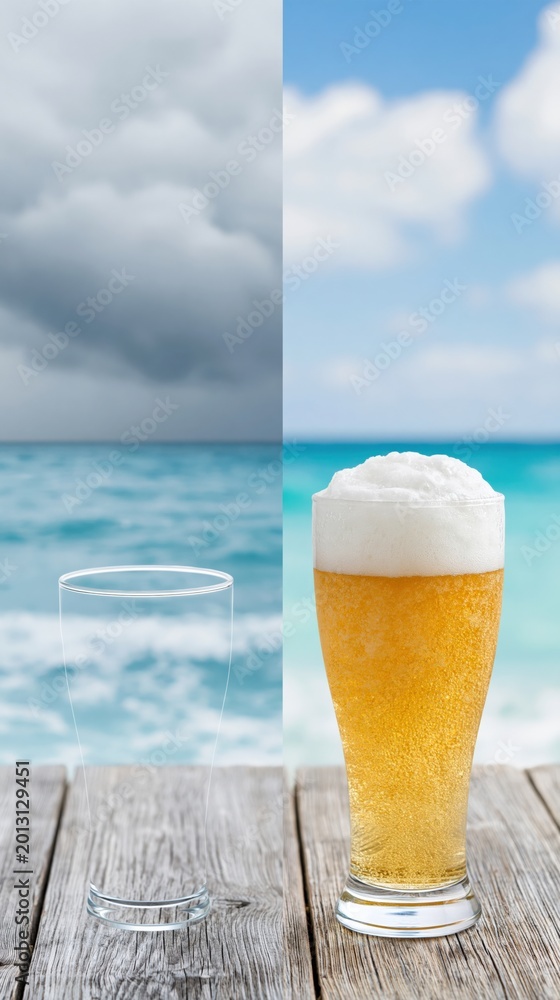 Fototapeta premium Glass and beer contrasted empty and full on wooden pier