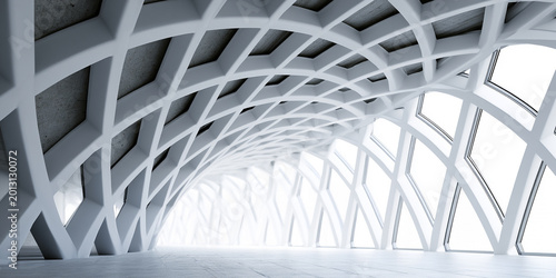 Futuristic interior design showcasing a white vaulted ceiling with a complex geometric lattice structure and large windows.