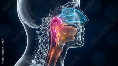 Obstructive sleep apnea airway blockage 3D cross-sectional human head and neck anatomy translucent skull and cervical spine with upper airway collapse ENT medical visualization respiratory obstruction