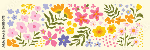 Fotografie colorful retro groovy scattered floral elements collection with daisy blooms lea