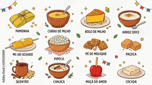 Traditional brazilian festa junina food set, including corn dishes, sweets, and drinks