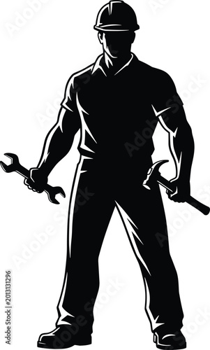 Tableau sur toile Silhouette construction worker wearing hard hat holding hammer and wrench repres