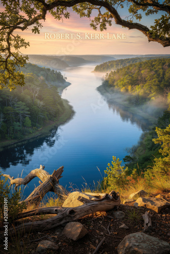 Breathtaking panoramic view of a tranquil Robert S. Kerr Lake Oklahoma snaking through a lush, misty forest at dawn, captured from an elevated natural overlook, evoking serene beauty