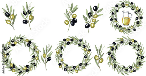 Fotografía Hand-drawn olive branches and wreaths with black and green olives, olive oil jar, and natural olive tree elements for organic products and eco-friendly designs