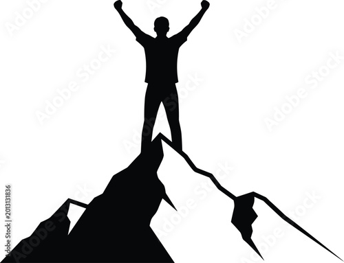 Silhouette person standing triumphantly on rugged mountain peak with raised arms symbolizing success, achievement, victory and perseverance