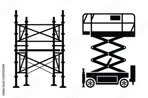 Scaffolding and scissor lift vector icons with scaffolding, construction