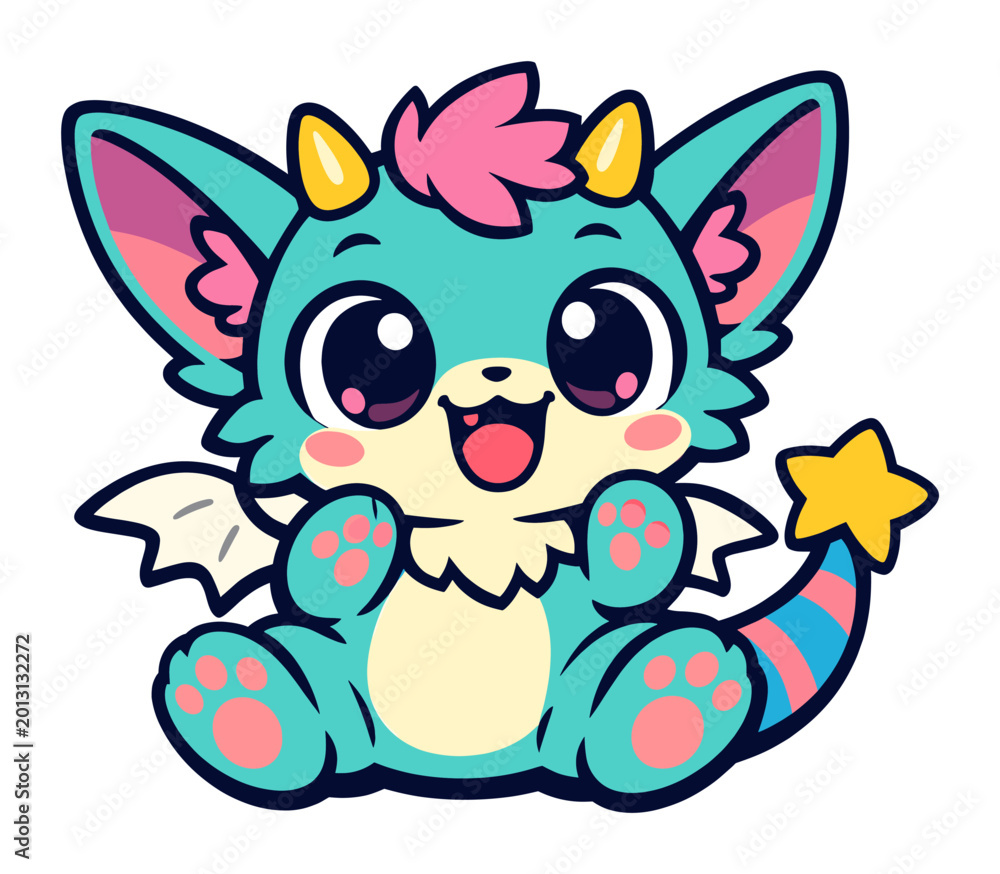 Obraz premium Small fantasy creature with big eyes, tiny horns, and a fluffy mane is sitting joyfully