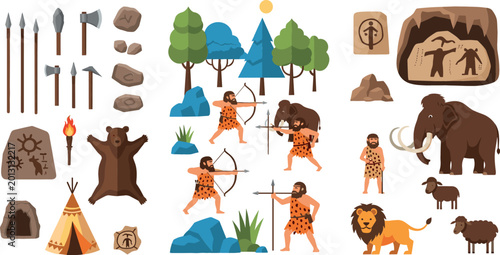 Foto Stone age primitive people vector set with mammoth hunters cave paintings and an
