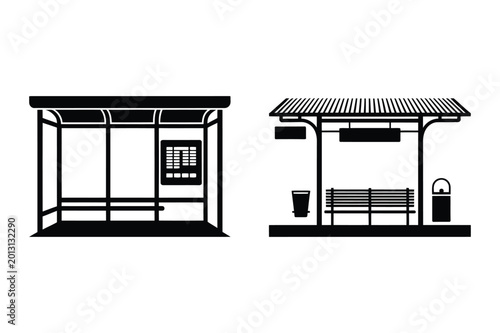 Two different bus stop shelters silhouette with transport, architecture
