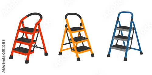 Three colorful folding stepladders standing on a white background, representing safety and accessibility for numerous tasks