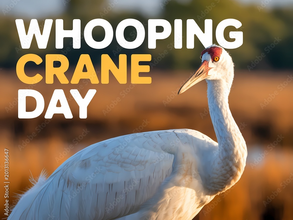 Obraz premium Whooping crane standing in a golden marsh landscape at sunset