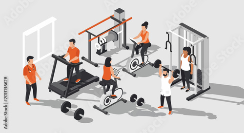Healthy Lifestyle and Fitness: People Exercising at a Modern Gym isometric