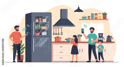 Vector illustration of a family using smart home technology in a modern kitchen with a high-tech refrigerator, smartphones, and automated appliances for food preparation.