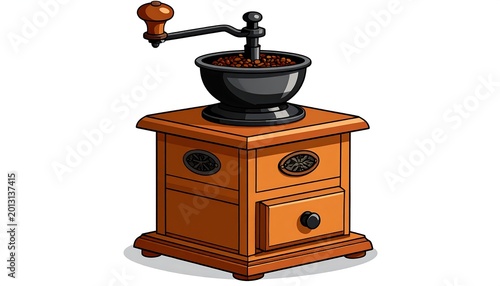 Old fashioned manual coffee grinder with drawer