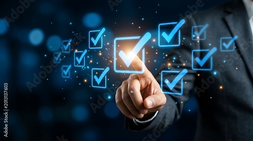Hand pointing at blue checkmarks on digital interface finger