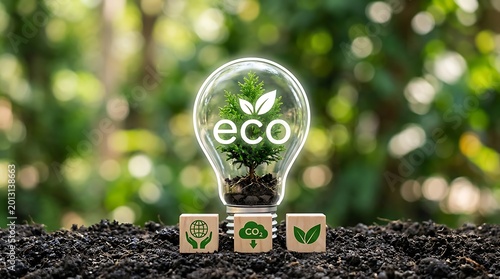 Light bulb with eco and tree inside on wooden blocks with eco symbols on soil