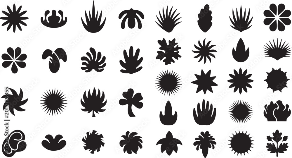 Fototapeta premium Botanical plant and leaf silhouette vector icon set