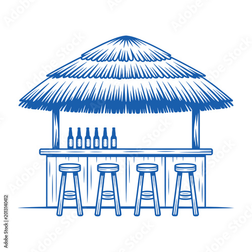Obraz na płótnie Beach bar illustration with thatched roof and stools blue line drawing