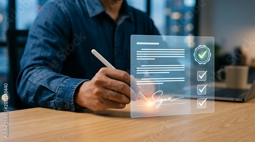Man signing electronic document with stylus on wooden desk in office person hand